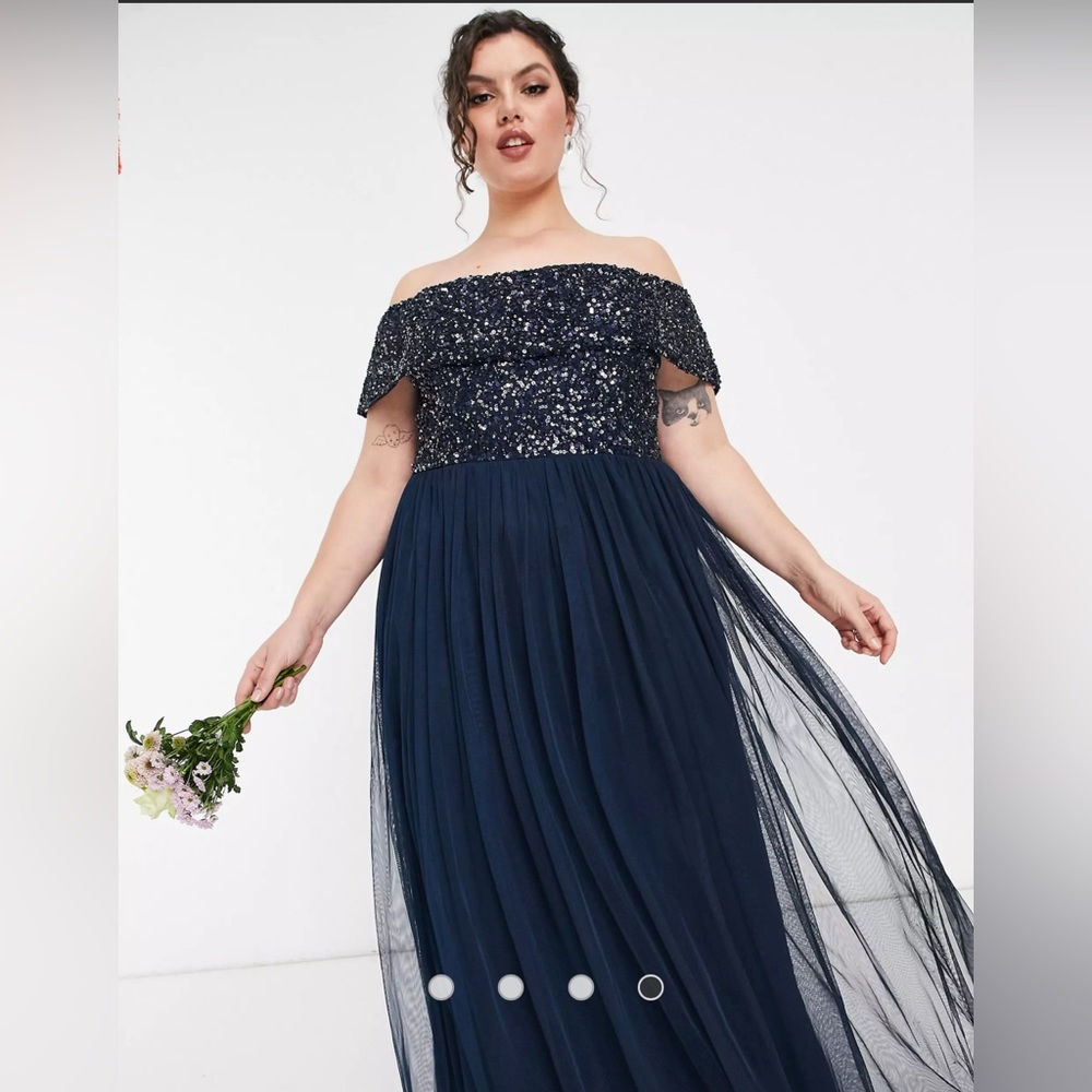 ASOS Maya Plus Bridesmaid off shoulder maxi tulle dress with delicate sequin